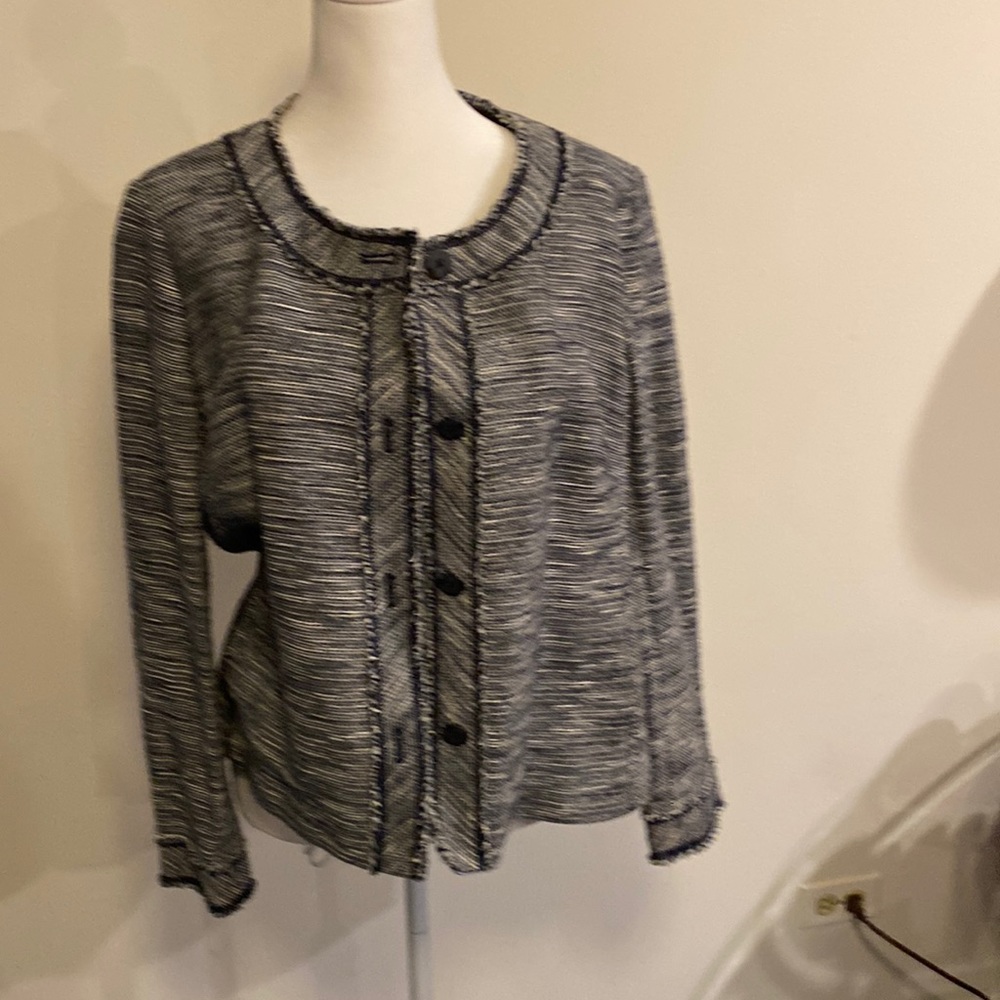 J Jill navy blue with white stripes cotton blazer button down size L